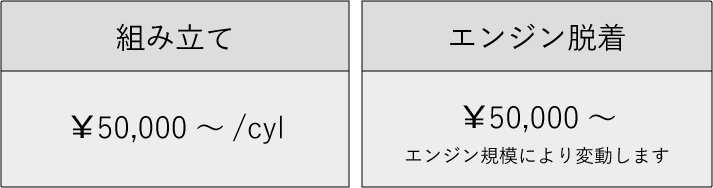 組み立て：50,000円～（1シリンダー毎）　エンジン脱着：50,000円～（エンジン規模により変動します）
